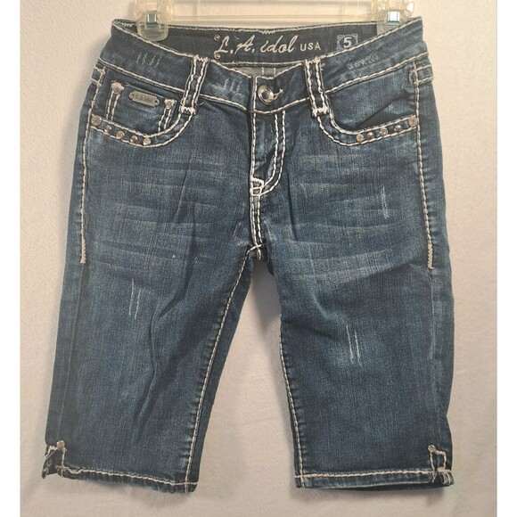 La Idol Womens Shorts Bermuda Length Jeans Jr Size 5 Bling Rhinestone Pockets - Picture 2 of 16